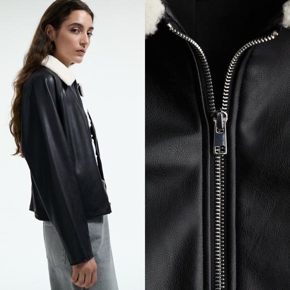 H&M Women's Bomber Jacket With Soft Teddy Fleece Collar Coat Top Size XL Black - Picture 3 of 8